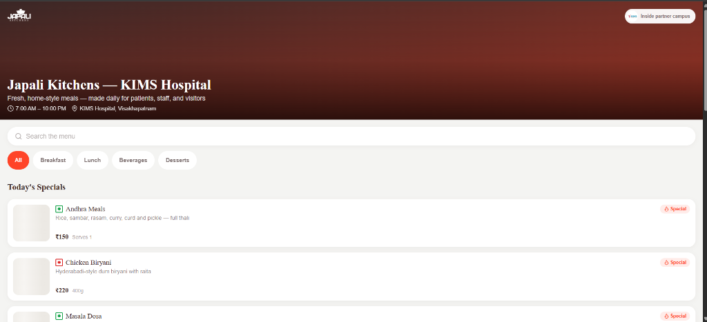 Japali Kitchens digital menu — KIMS Hospital